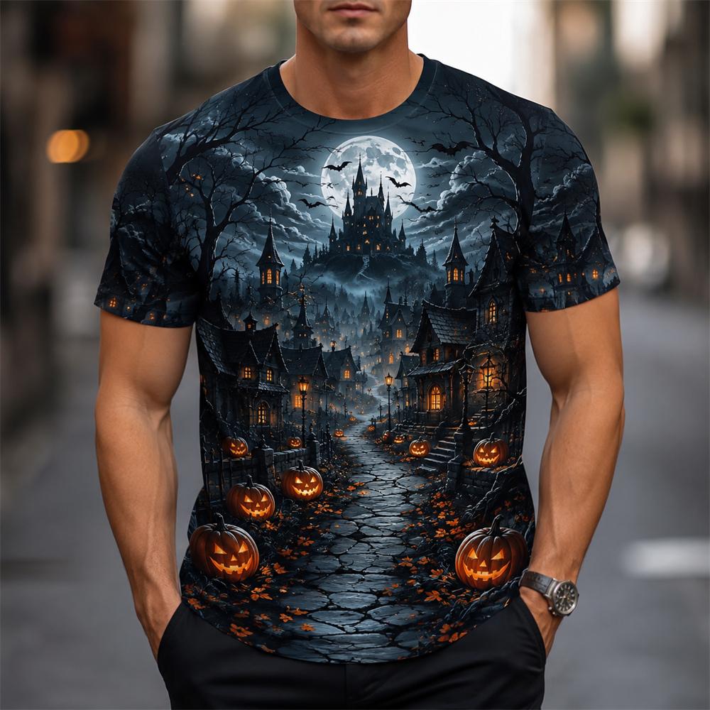 Halloween Horror Black Castle Print Short Sleeve T Shirts For Men Trend Streetwear Personality Holiday Essentials Pumpkin Tshirt