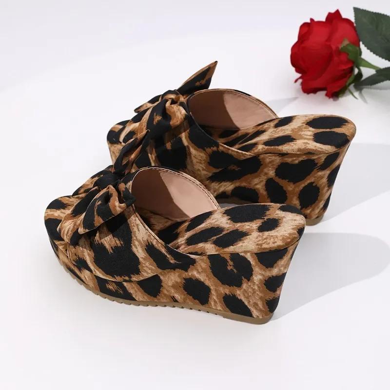 Fashion Brand Ladies Shoes 2025 Peep Toe Casual Slippers Women Fashion Leopard Print New Women's Butterfly-knot Platform Wedge Sandals
