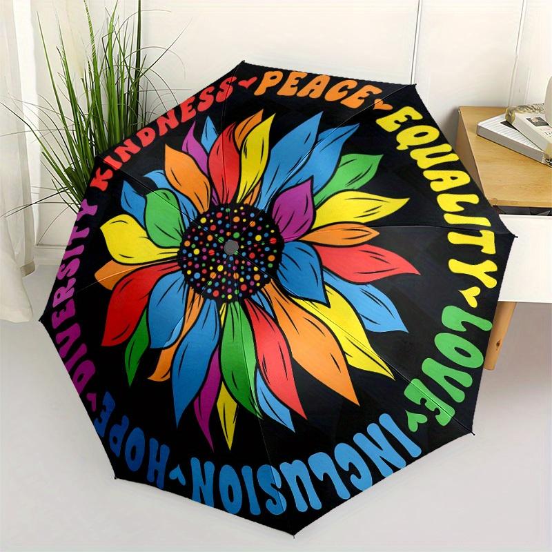 1pc Kindness Equality Automatic Folding Umbrella, 8-Rib Sturdy Canopy, Portable Travel Umbrella for Outdoor Use