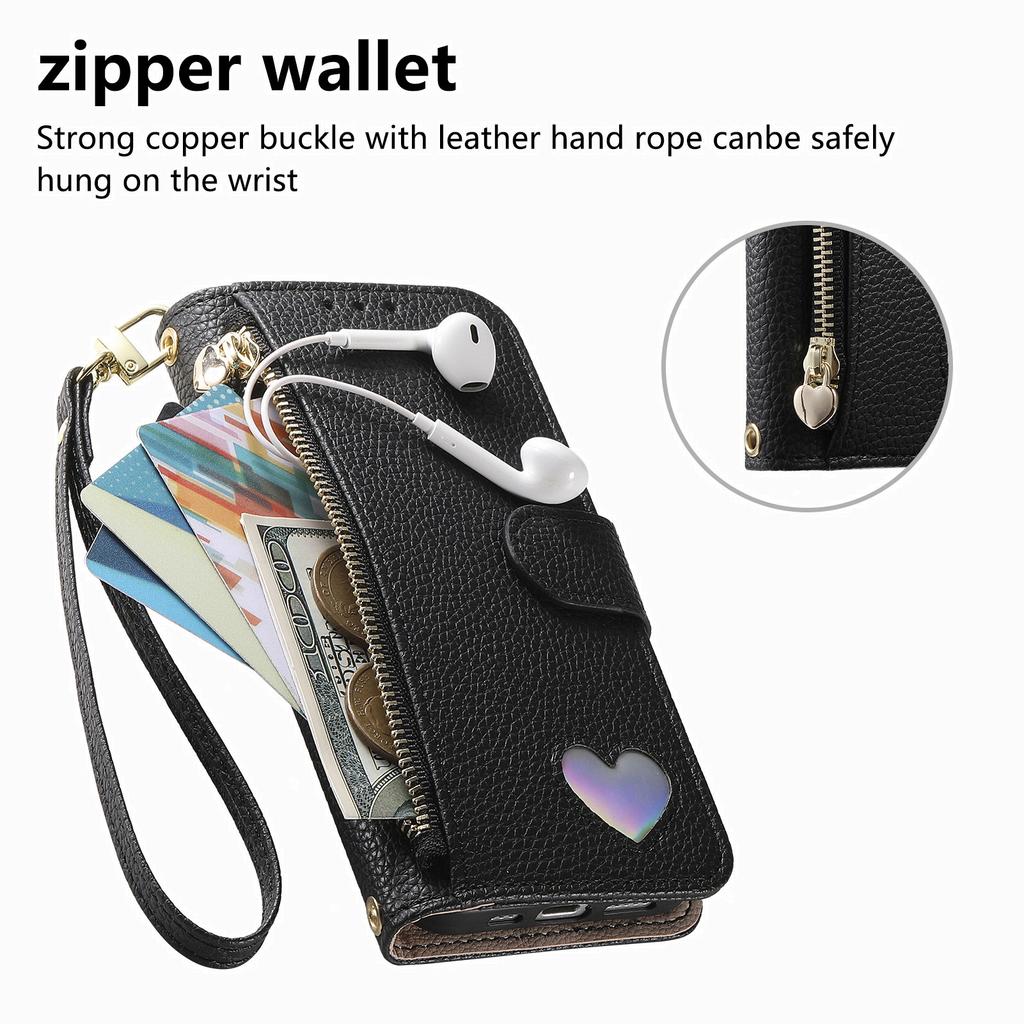 Wallet Flip Case for iPhone 17 16 15 14 13 12 11 Pro Man Air 16e 17e 7 8 Plus, PU Leather with Zipper, Card Slots, Hand Strap