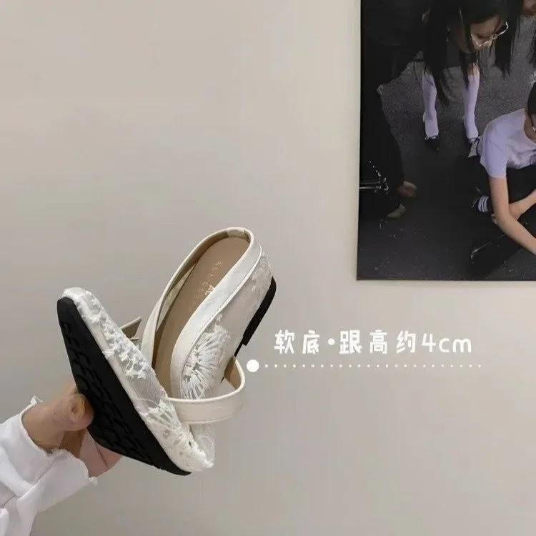 

Women s Lace Mesh Slippers 35-40 New Breathable Baotou Xiao Xiangfeng Pointed Head Within The High Cool Temperament Fairy Shoes 35 білий