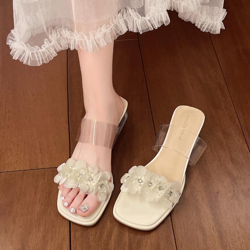 Transparent with Crystal Heel Cool Slippers New Summer French High-heeled Flower Rhinestone Sandals
