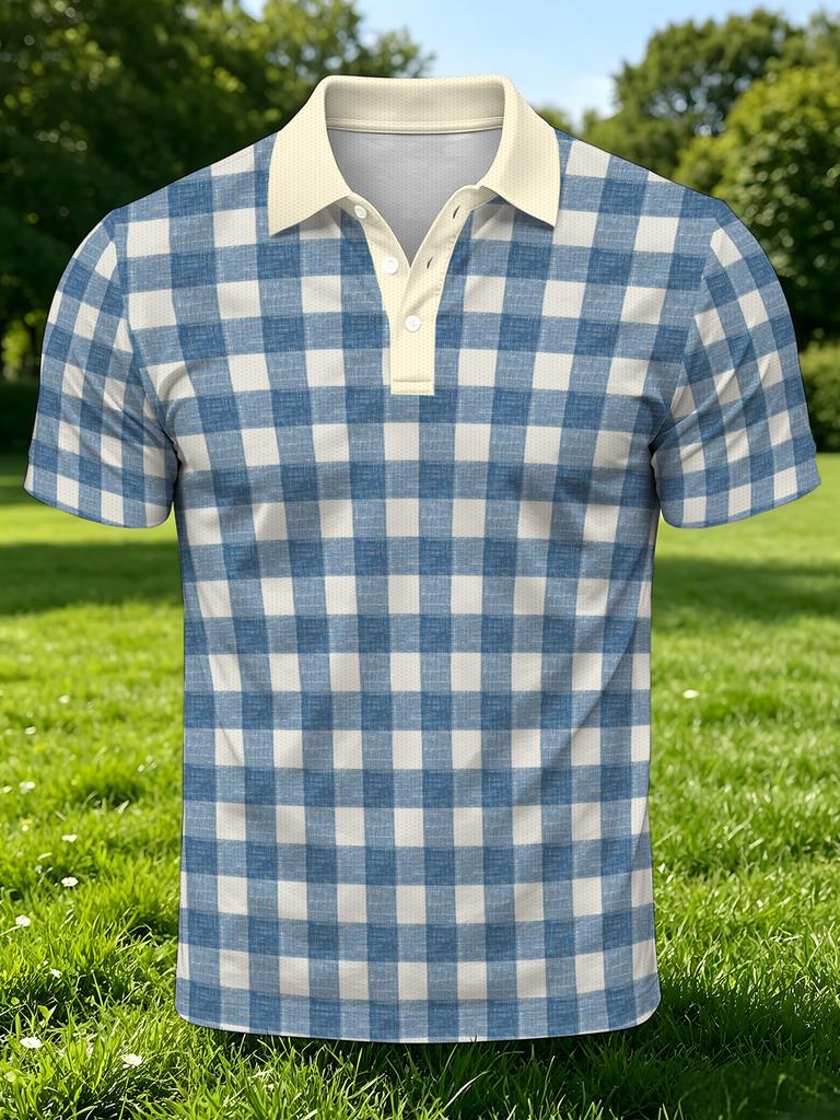 Men's Outdoor Polo Shirt, Available in Multiple Sizes, Features a Blue and White Checkered Print. Stylish, Casual, and Comfortable, This Men's Top Is