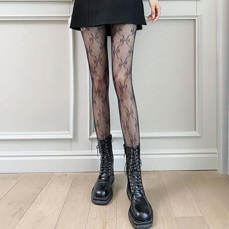 

Bowknot black stockings for women, hollow lace fishnet stockings, spring and summer thin anti-snag black sexy mesh pantyhose Simple packaging, one siz чёрный