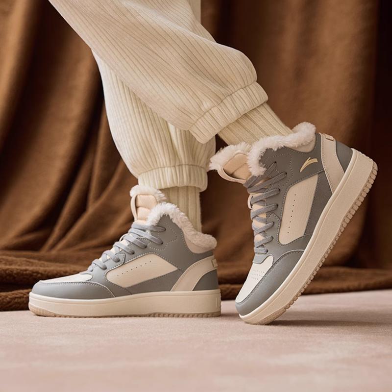Anta Fabric Leather Fleece Lined Warm Non-Slip Wear-Resistant High-Top Skate Shoes Women Sneakers Gray 922248913-3