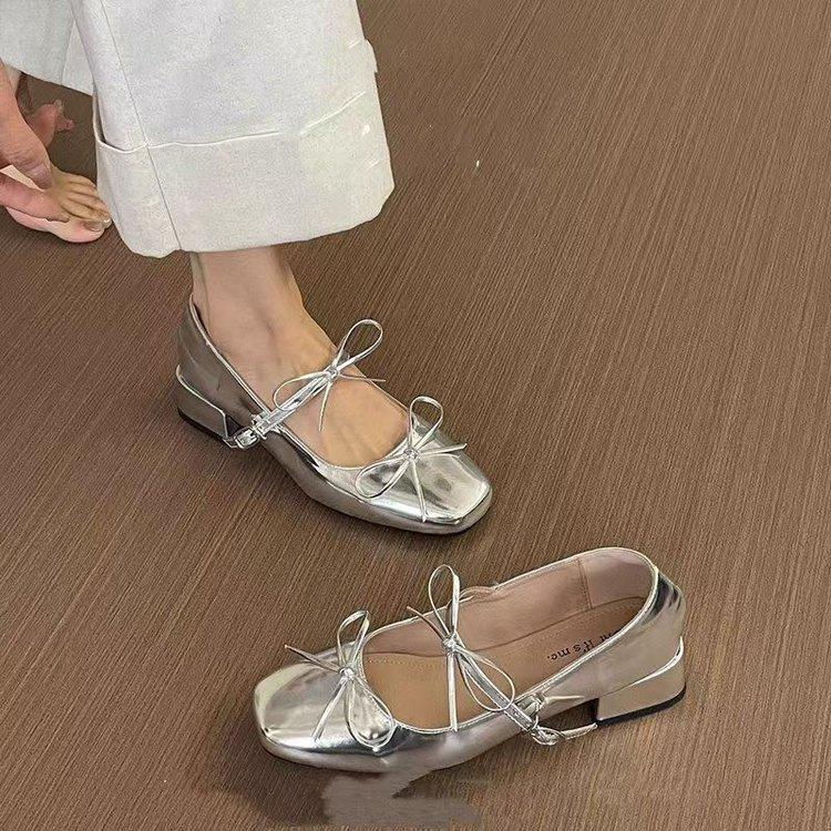 French silver bow ballet women's shoes 2025 new square head thick heel Mary Jane shoes temperament fashion shoes