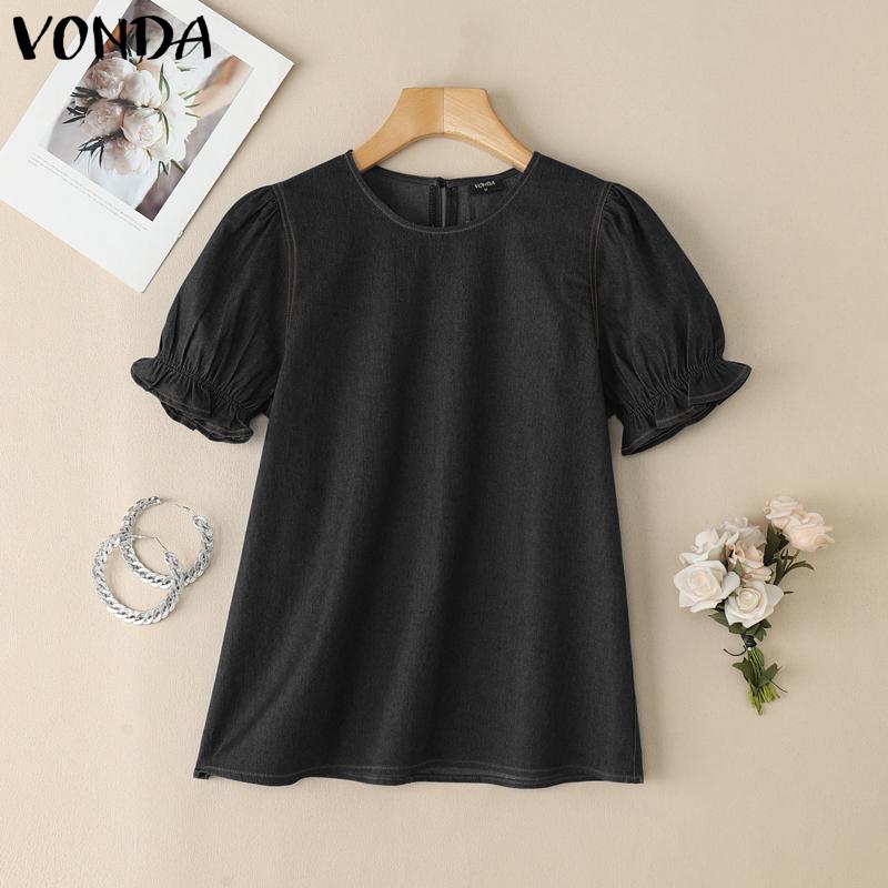 VONDA Summer Women Puff Sleeve Demin Blue Casual Tops Blouse