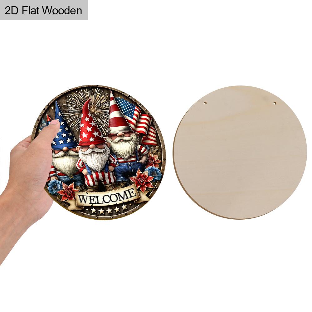 2D Flat 1pc Patriotic Gnome Welcome Wooden Hanging Sign - Red White & Blue USA Themed Rustic Round Door Plaque for Home, Porch - Ideal for 4th of