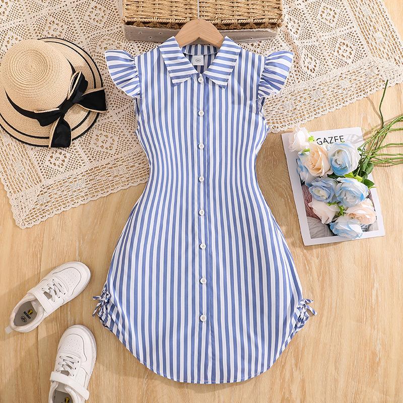Girls' Fashionable Dress Summer Children's Elegant Striped Shirt Dress