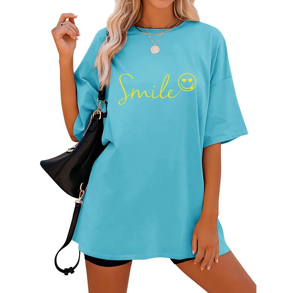 Tricou de damă cu mânecă scurtă, cu imprimeu lejer și mânecă scurtă, cu guler rotund și umăr căzut