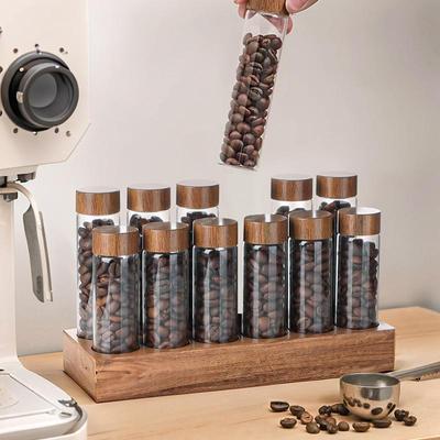 Support d'affichage pour grains de café en noyer avec flacons éprouvettes en verre