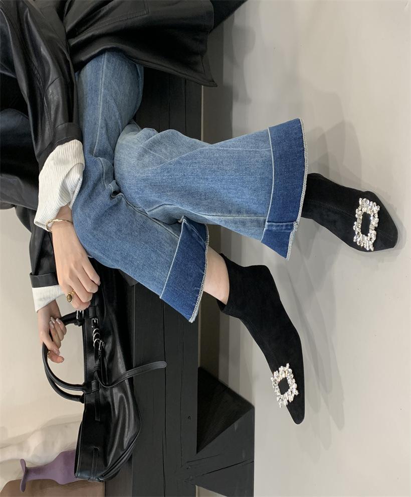 

French square socks boots thin heel high heel small short boots women s 2025 new spring and autumn single boots elastic medium heel thin boots 39 чёрный