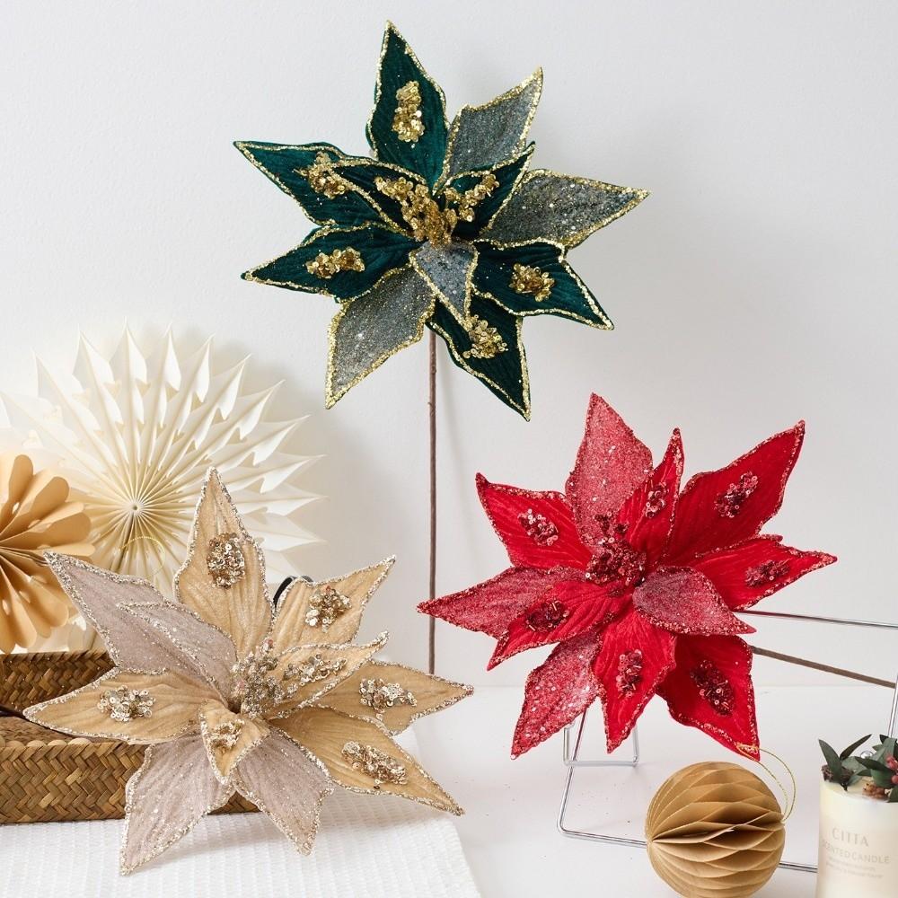 New 32CM Artificial Poinsettia Flower Sequins Sparkling Christmas Glitter Flower Glitter DIY Christmas Flower Home Decoration