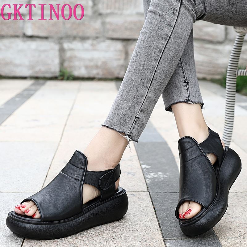 Fashion GKTINOO 2025 Summer Shoes Thick Bottom Flat Platform Sandals For Women Genuine Cow Leather Fashion Wedges Peep Toe Women Sandals