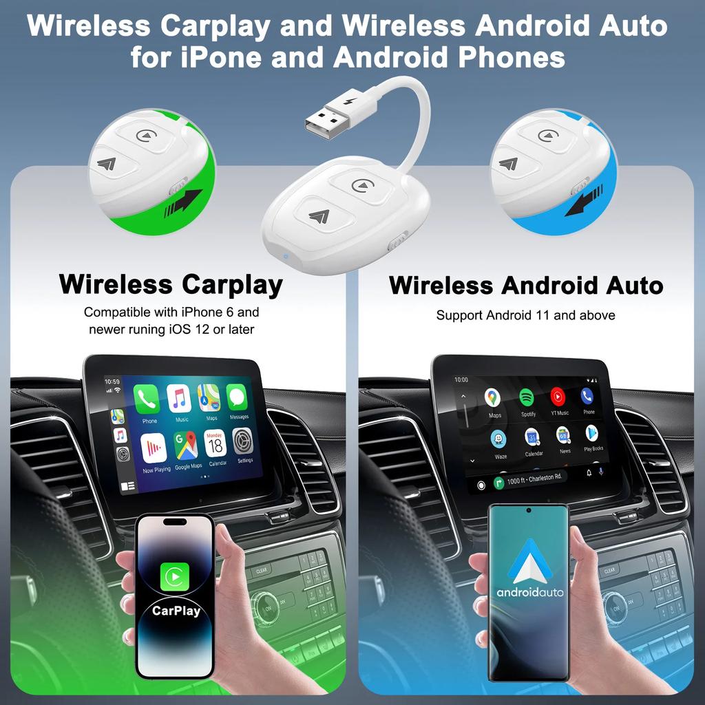 2-in-1 Wireless CarPlay Adapter for Android/Apple Wired To CarPlay Wireless Car Adapter WiFi Dongle Plug and Play USB Connected