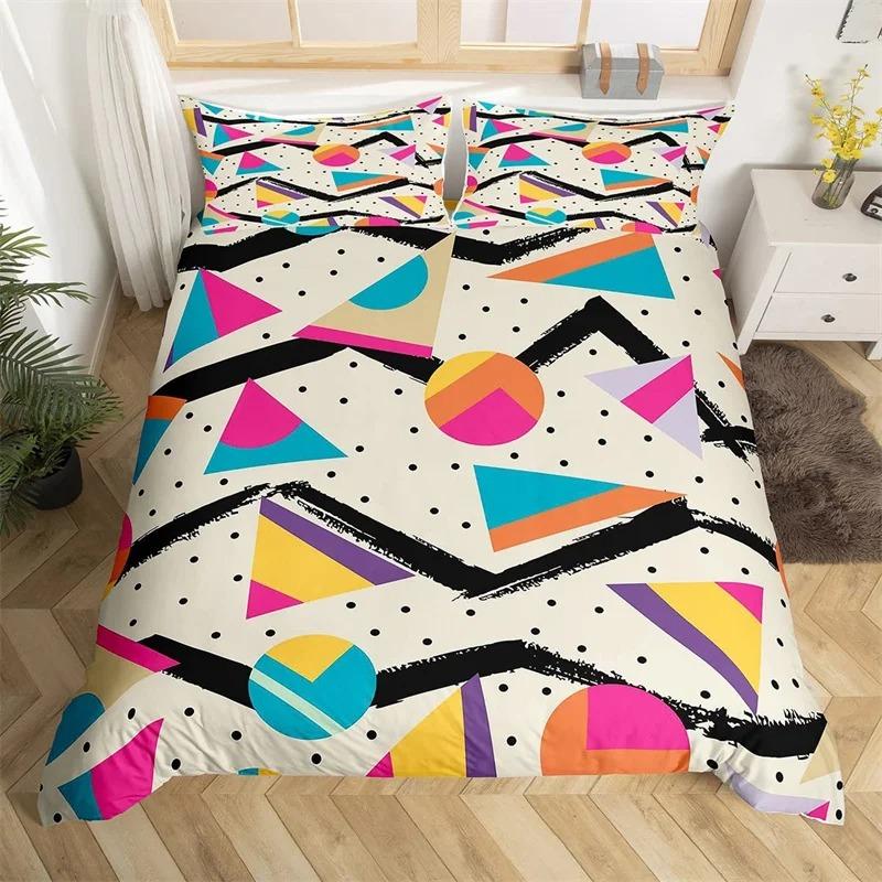 Psychedelische 3D Geometrische Bettbezug Mikrofaser Bunt Pop Art Queen Size Retro 80er Jahre Bettwäsche Set