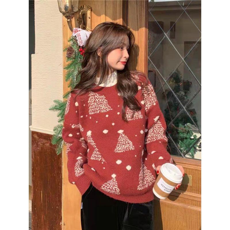 Autumn New Loose Slimming round Neck Super Popular Long sleeve Snowflake Christmas sweater Women Thick Warm Outer Wear Knit