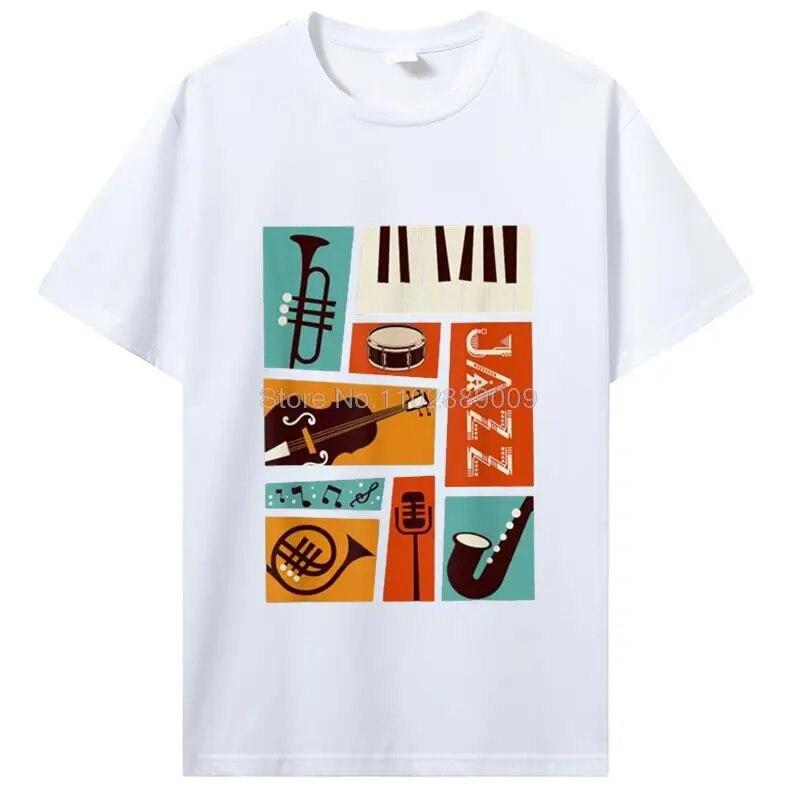 Джазовый барабан фортепиано музыкальная группа футболка музыкант саксофон труба музыкальный инструмент забавная футболка унисекс женская повседневная уличная одежда M 2409₽