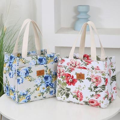 Zippered Floral Print Lunch Bag Insulated Tote Bag Food Storage Bag Thermal Picnic Bag Women