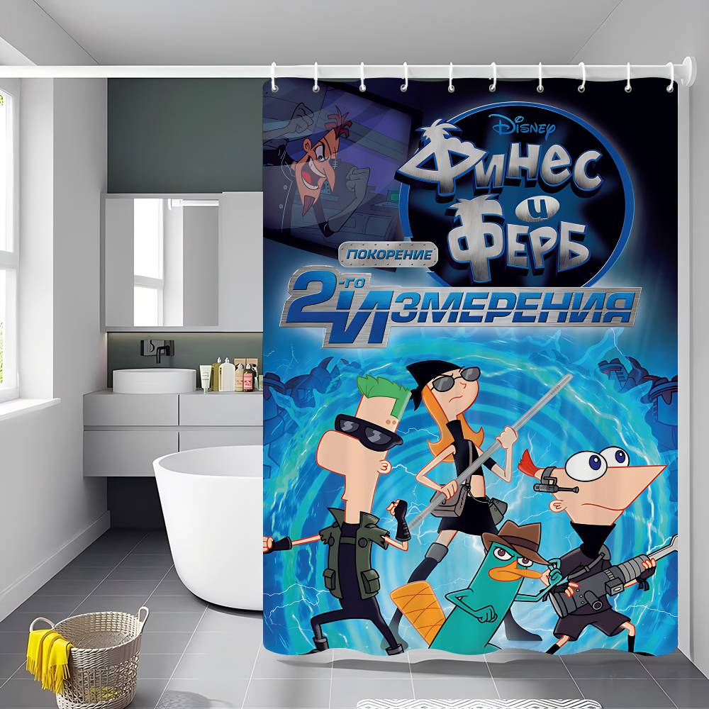 Klasický animovaný bílý sprchový závěs s Phineasem a Ferbem, dekorativní sprchový závěs do koupelny, vodotěsný sprchový závěs