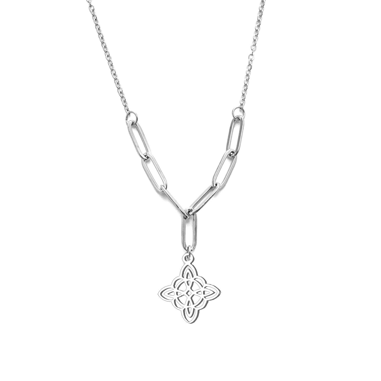 Double Layer Pendant Titanium Steel Necklace with Miko Knot Design Cross Chain and Welded Link Chain