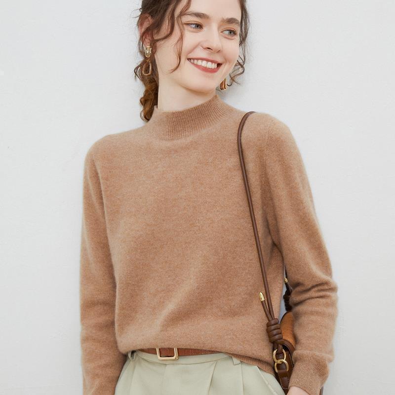 Autumn and Winter Women's Sweater Half-high Neck 100% Pure Wool Sweater Loose Thin Sweater Solid Color Long-sleeved Bottoming Shirt