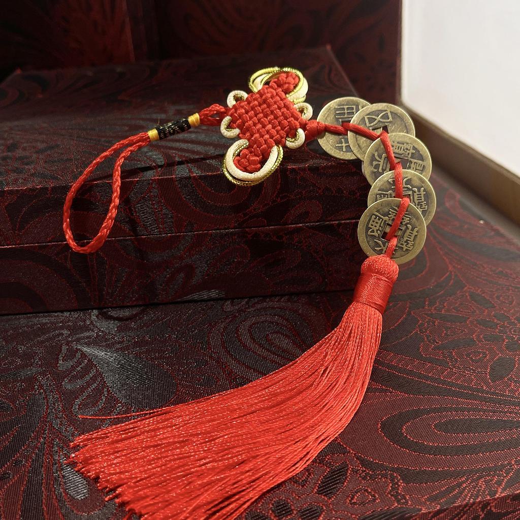 Copper Gourd Pendant with Chinese Emperor Coins, Gold Edges & Knot, Red Tassel for Home Decor