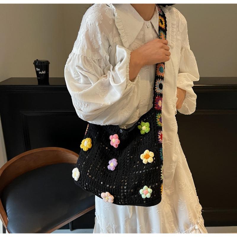 Gestrickte Umhängetasche kleine Blumen-Umhängetasche Mädchen kleiner frischer Rucksack Strandtasche für den Strand