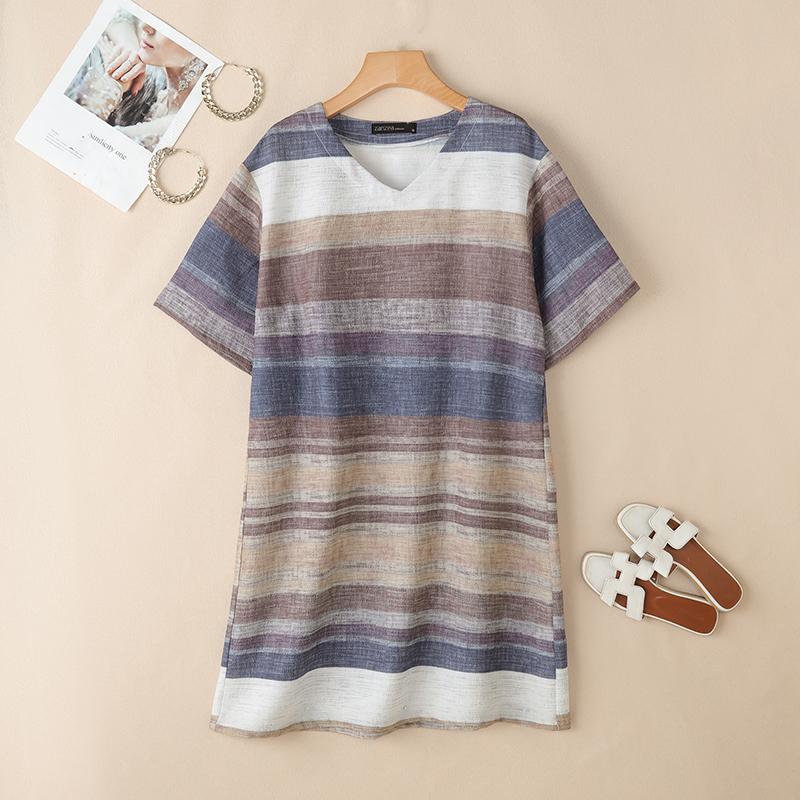 

ZANZEA Женское летнее повседневное платье с V-образным вырезом, коротким рукавом и полоску 2XL светло-коричневого