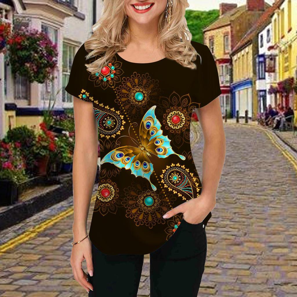 Fashion Women Colorful Hollow Butterfly Print T Shirt Funny Casual O-neck Short Sleeves T-shirt Summer Female Tee Shirt