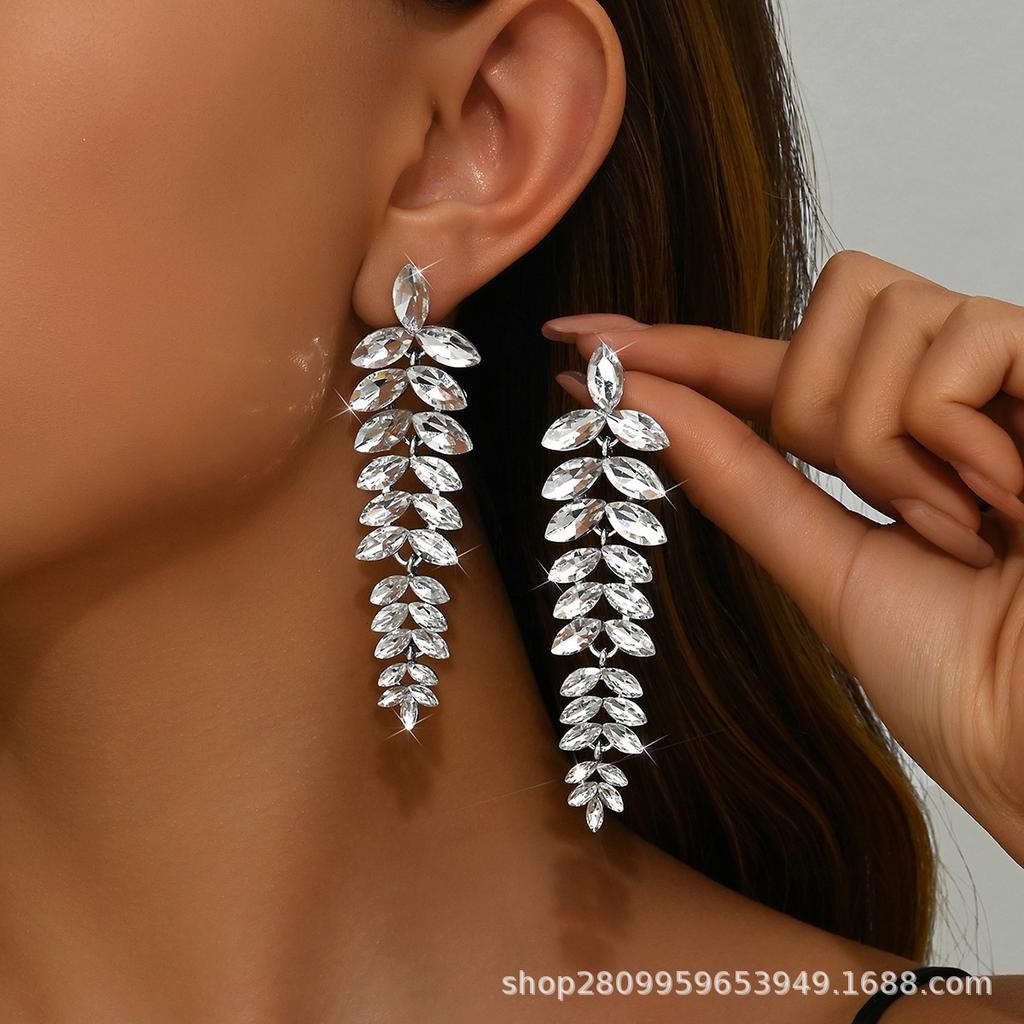 New multi-colored flower earrings, women's exaggerated full diamond long leaf earrings, banquet jewelry earrings.