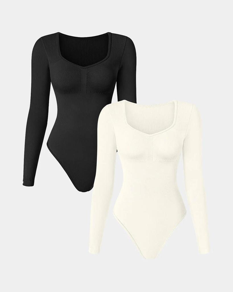 Seamless Knitted Ribbed Long Sleeve V-Neck Yoga Bodysuit Jumpsuit