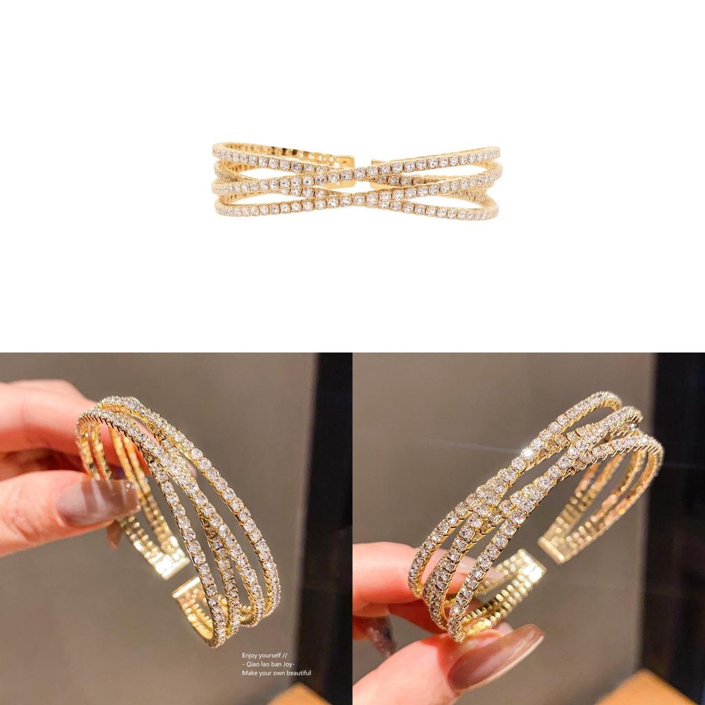 No Ip Geometric Multilayer Cross Opening Bracelet With Rhinestone Accents For Elegant Women