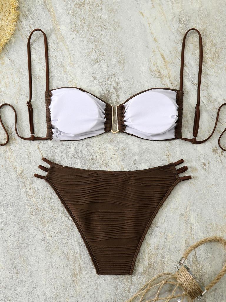 2025 European & American Strappy Backless Pleated Bikini Set – Solid Color Swimwear