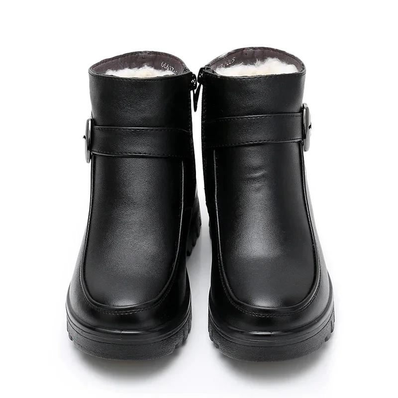 Fashion Winter Women Genuine Leather Ankle Boots Female Thick Plush Warm Snow Boots Mother Waterproof Non-slip Booties