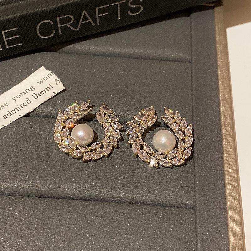 Sterling silver needles full of zirconium high-end pearl earrings women s olive branch temperament luxury earrings wholesale