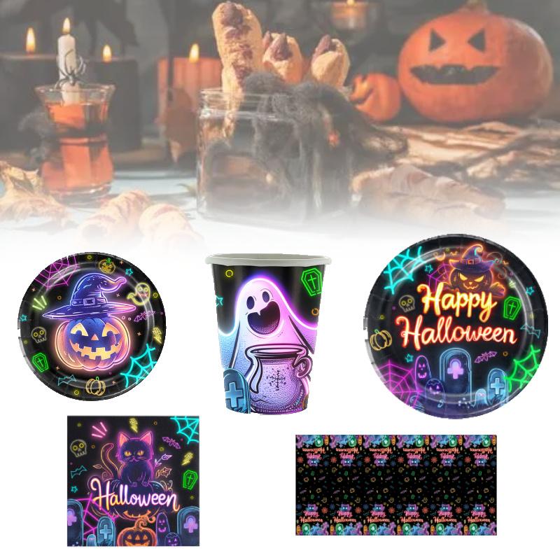 Party Halloween Tableware Set Luminous Plate Cups Napkins Tablecloth Celebration