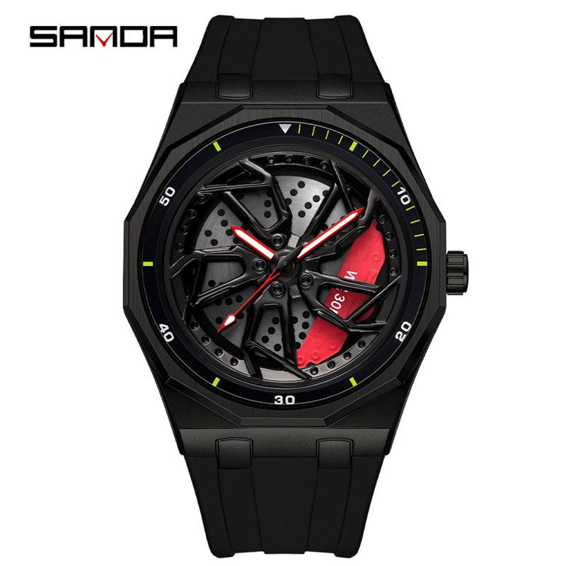 Sanda Men's Waterproof Alloy Car Wheel Design Silicone Wristwatch