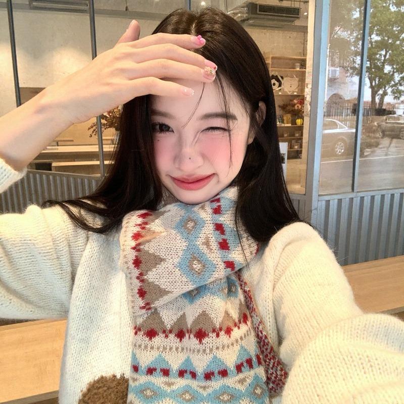 Women's Winter Scarf Sweet Style Warm Scarf Knitted Scarf Winter Retro Thickened Warm Scarf Fashion Scarf