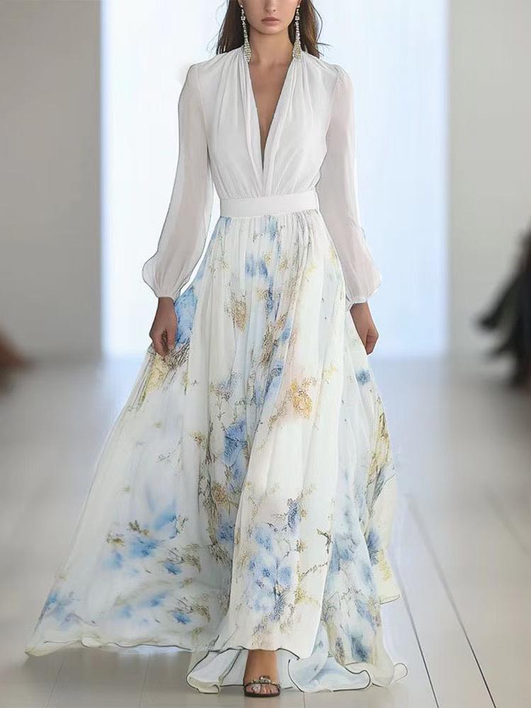 2025 European & American Women's Digital Print V-neck Patchwork Long Sleeve Dress