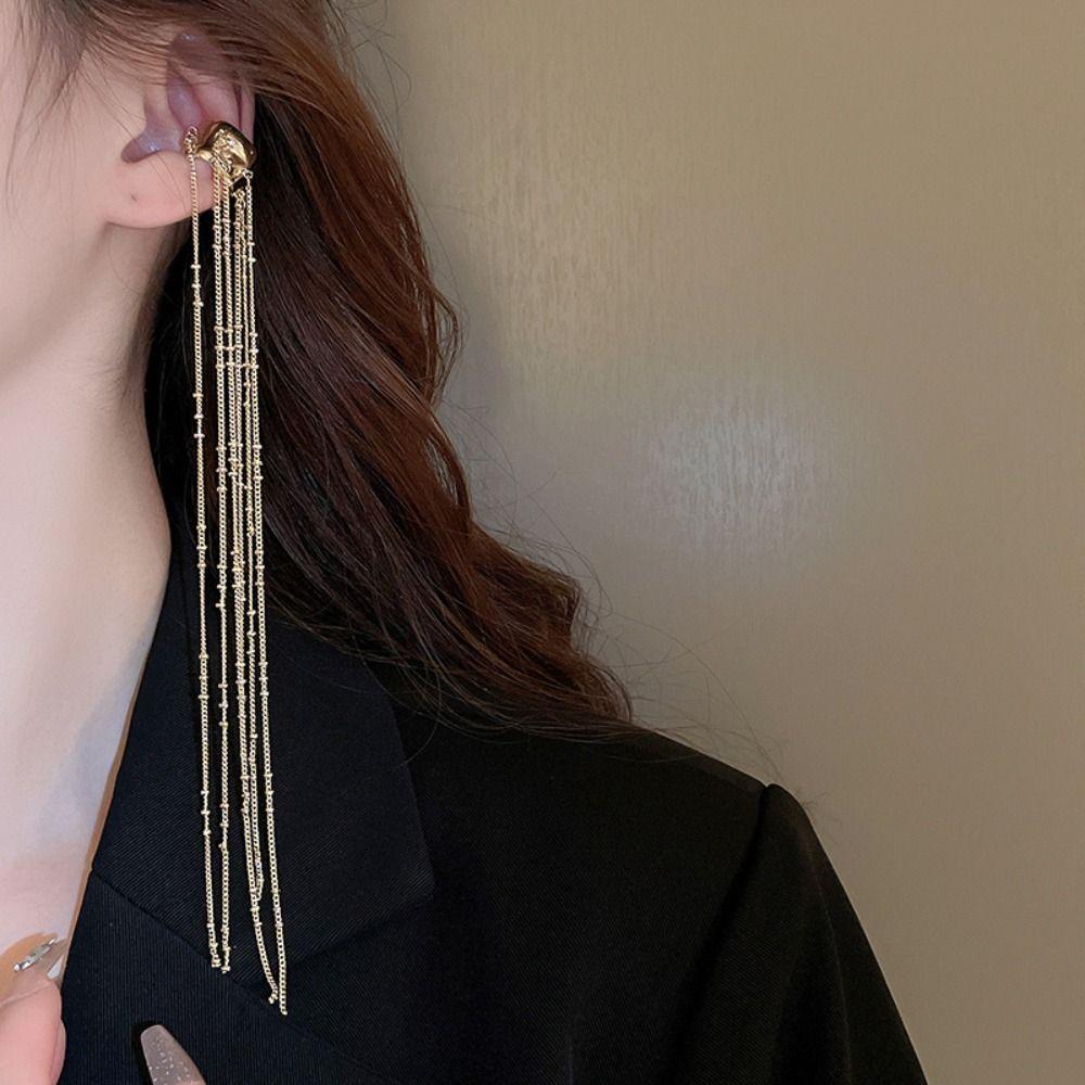 Zinc Zinc Alloy C-shaped Earrings Minority Ear Cuff Without Piercing C-shaped Tassel Long Ear Clip  Women
