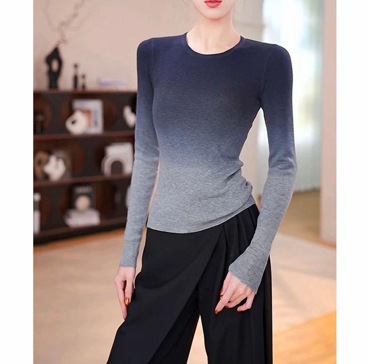 Gradient Cropped High Neck Slim Fit Top - 2025 Autumn/Winter Korean Style Women s Fashion S