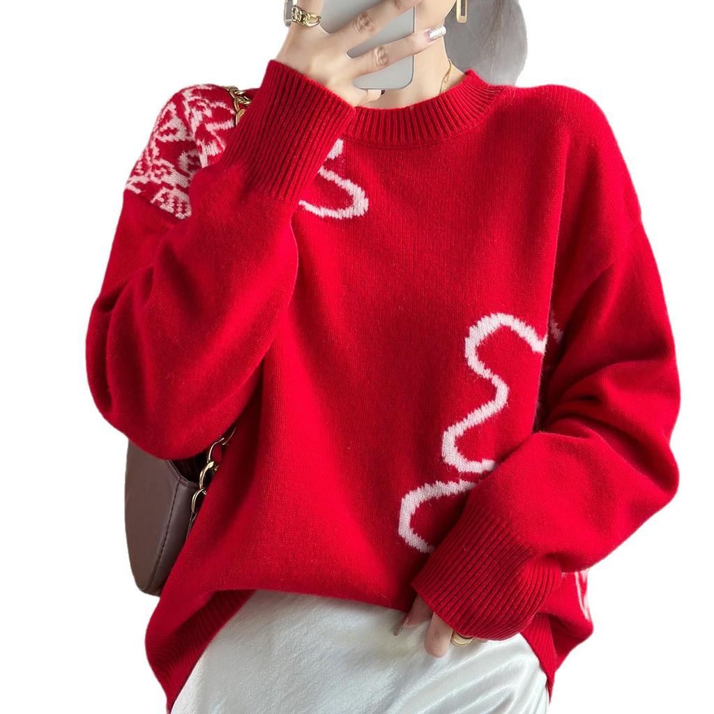 Women's Round Neck 100% Pure Wool Jacquard Knit Pullover Sweater - Warm, Slimming Autumn/Winter Top