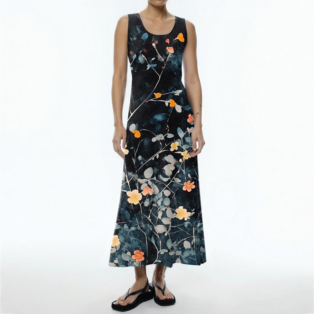 Robe d'été décontractée pour femmes, imprimé floral, sans manches, col rond, poches