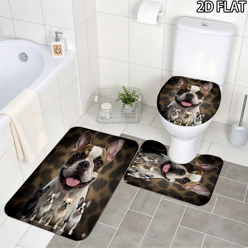 French Bulldog Pattern 3Pcs Bathroom Rug Set, Non Slip Absorbent Bath Mat, Contour Mat & Toilet Lid Cover, Bathroom Decor