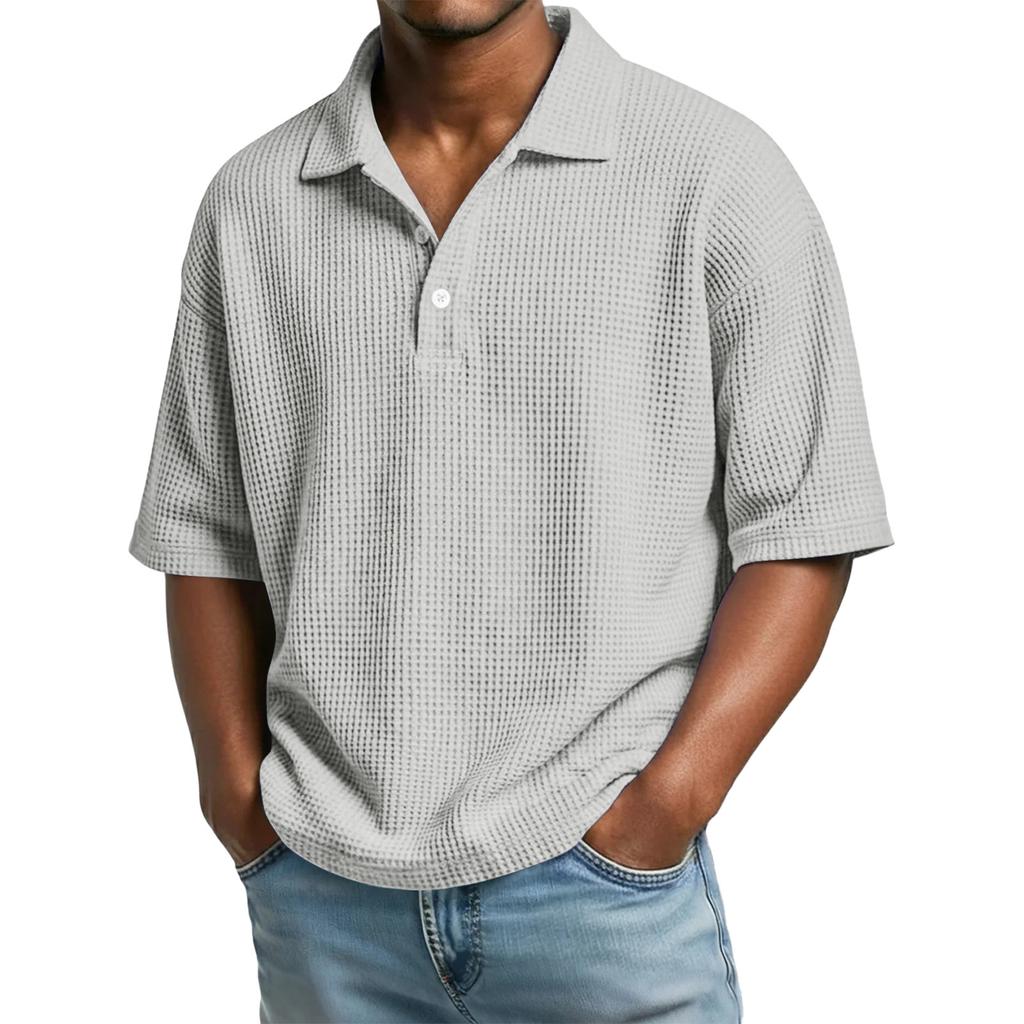 Versatile Men Waffle Knit Polo Shirts Short Sleeve Lapel Neck Solid Loose Casual Daily Male Tops