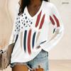 Women Plus Size V Neck Long Sleeve American Flag Printed Top Curved Hem With Pocket Button Detail