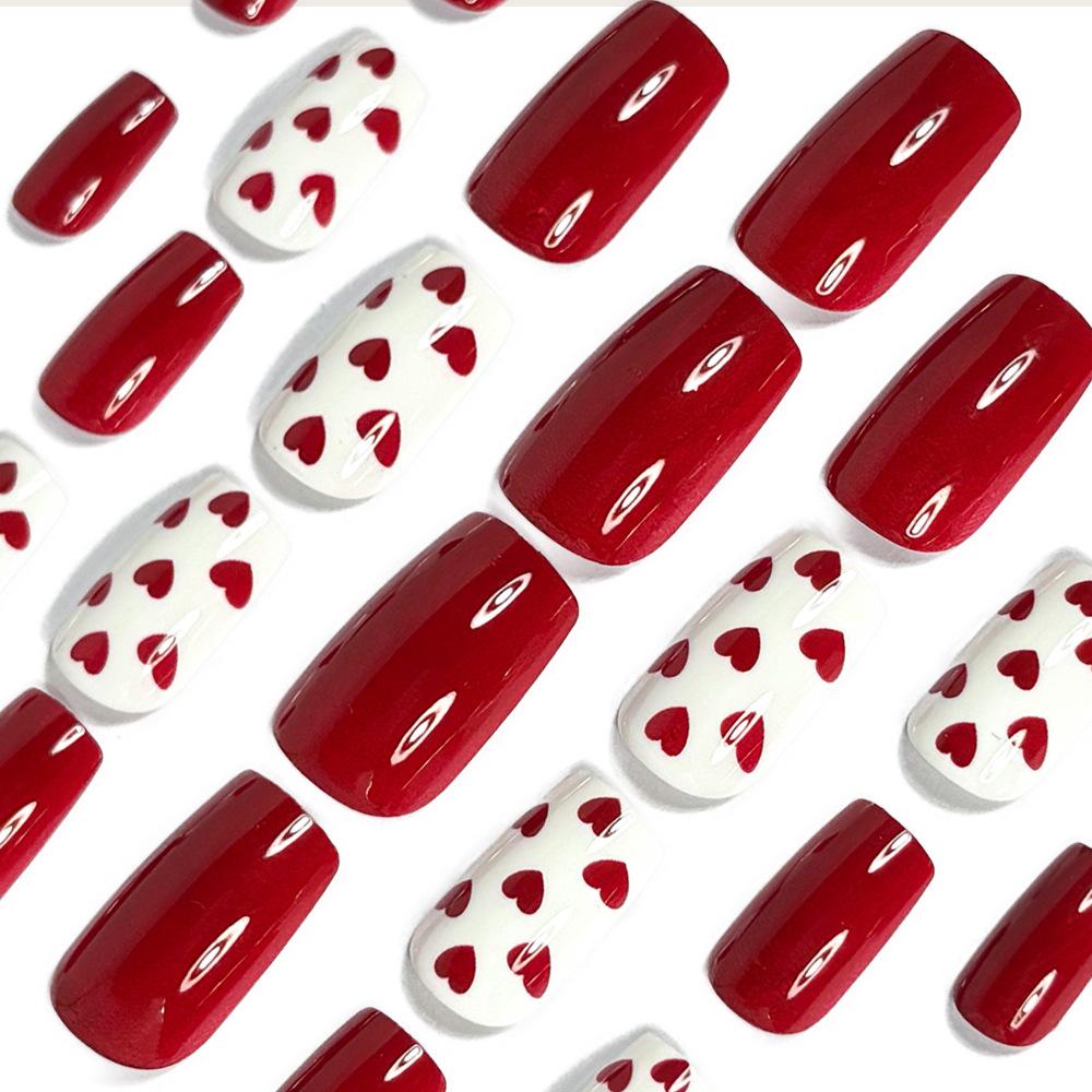 Chinese nail simple and elegant red glossy love white French fake nail fashion versatile wear nail