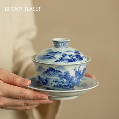Chinesisches Blau-Weiß Landschaft Keramik Gaiwan Teetasse Handgefertigtes Porzellan Teekanne Haushalts Teeschale Reise Tragbares Teegeschirr