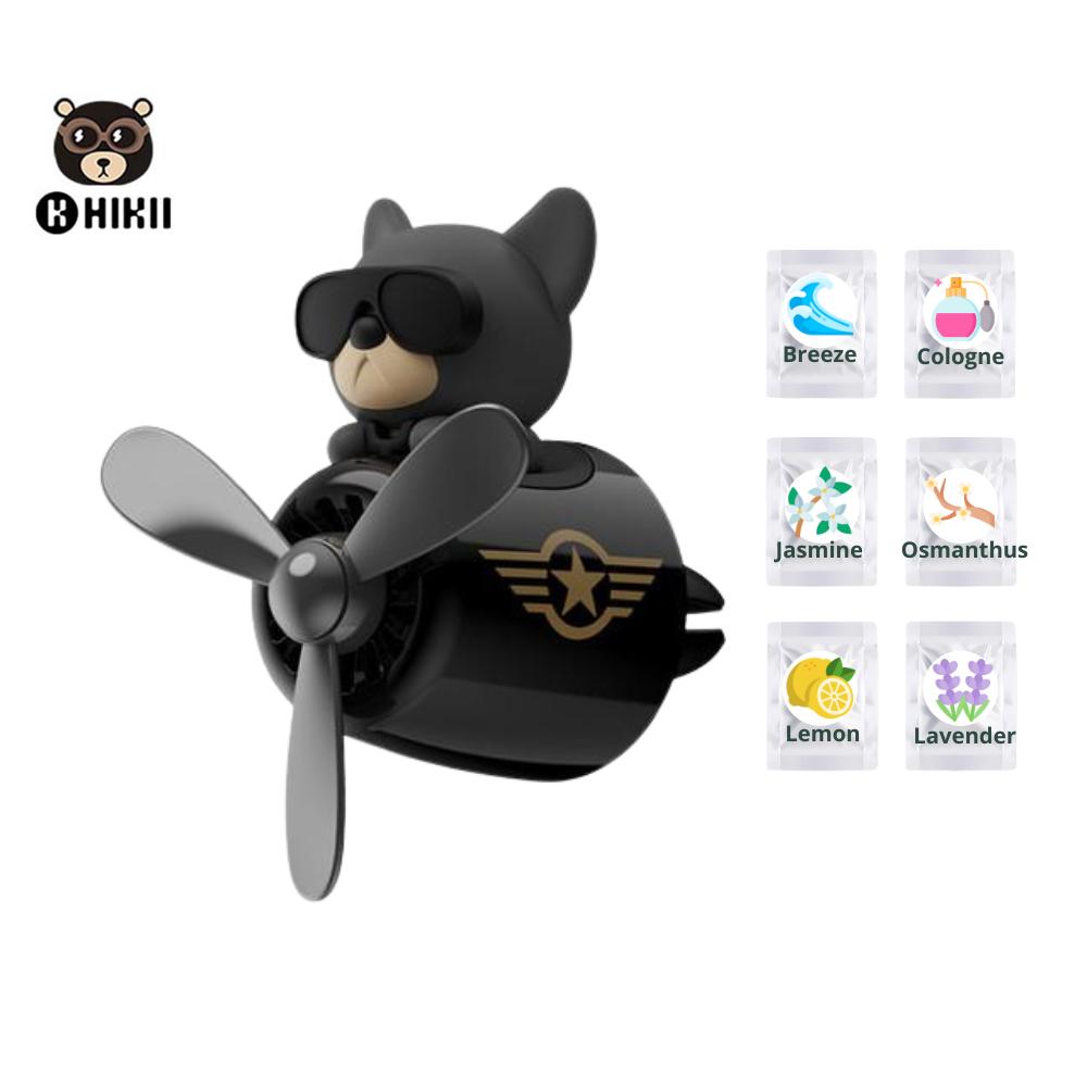 KUKII Pilot Bear Car Air Freshener - Rotating Propeller Vent Diffuser with Essential Oil Tablets, Aviation Design, With 6 Fragrance refill